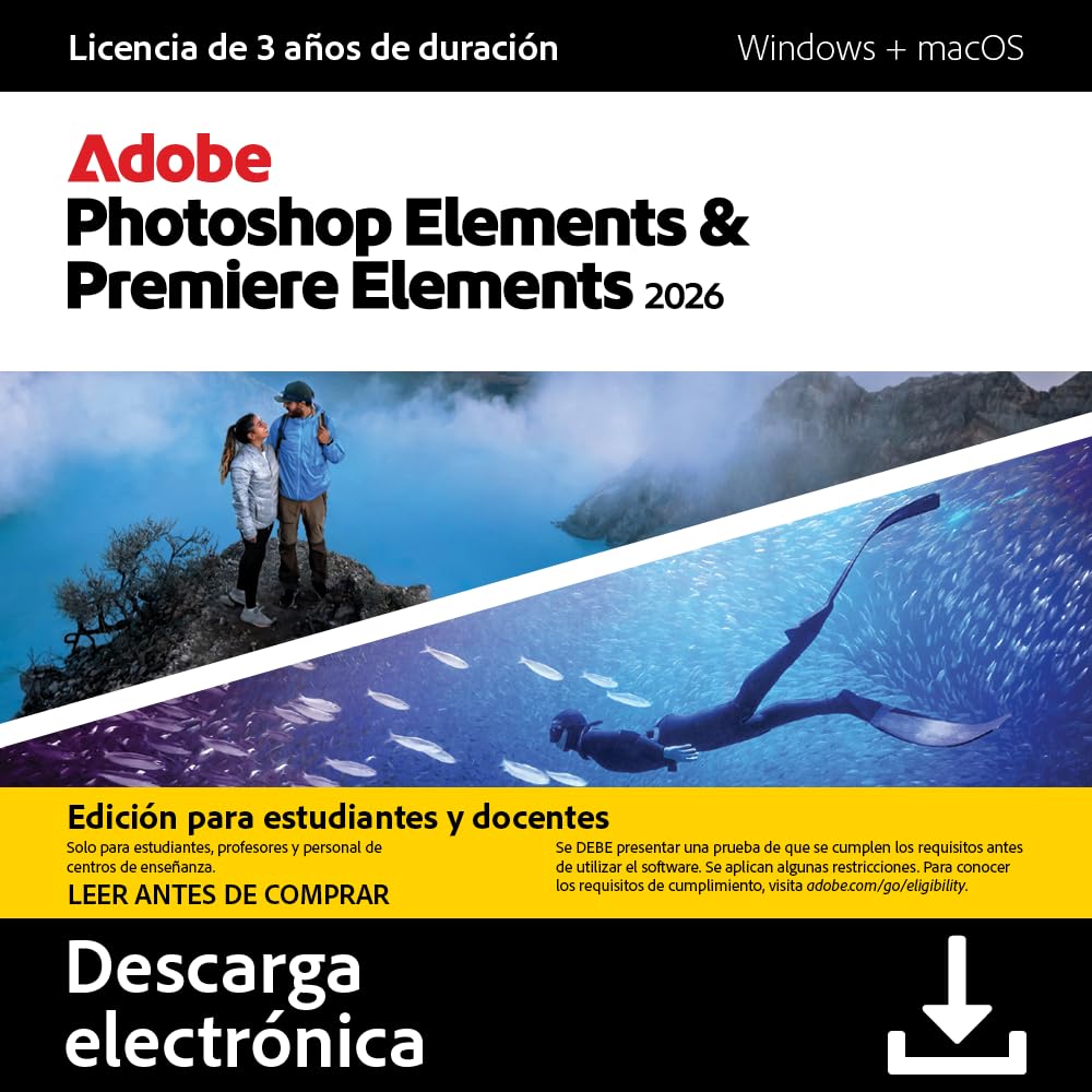 Adobe Photoshop Elements 2026 & Premiere Elements 2026 Student and Teacher Edition 3-Year License PC/Mac Digital Download