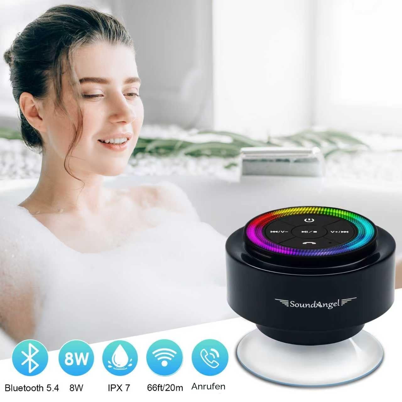 Xleader Mate Dusche Bluetooth Lautsprecher klein, Zertifiziert IPX7 Wasserdicht Bluetoothbox, Mini Music Box Lautsprecher Mit Licht, Saugnapf und Mikrofon, Kristall Sound und Bass, Musikbox Geschenk