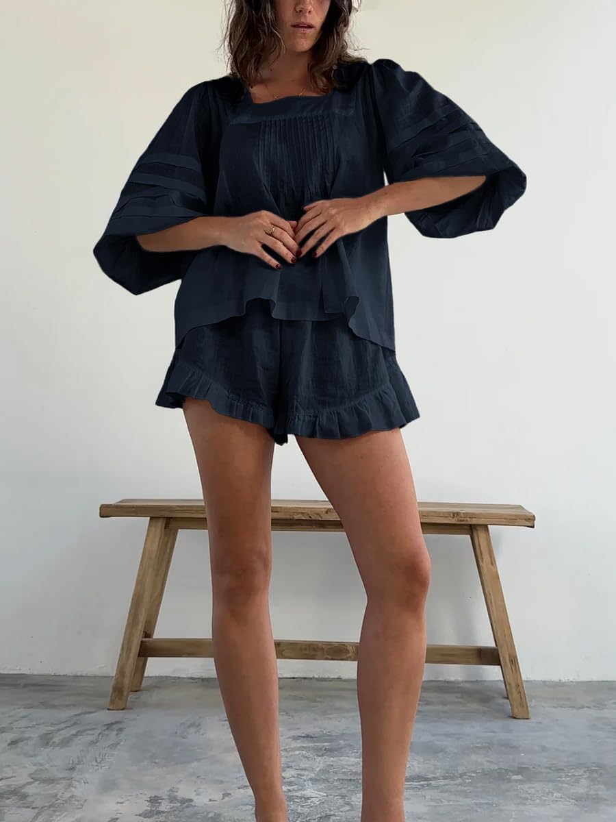 Womens 2 Piece Sets Puff Long Sleeve Square Neck Top and Ruffle Shorts Cotton Pajamas Set - Image 3