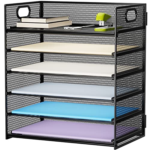 Marbrasse 6 Tier Paper Organizer Letter Tray – Mesh Desk File Organizer with Handle, Paper Sorter Organizer for Letter/A4 Office File Folder Holder – Black
