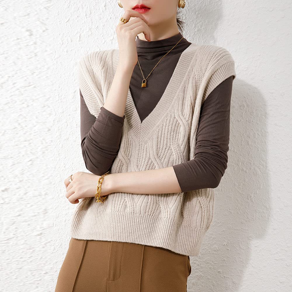 Mouwloze Tank Vesten,Vrouwen Gebreide Trui Vest Vintage Casual Effen Kleur Wol Fancy Geribbelde V-Hals Herfst Winter Losse Mouwloze Trui Gilets Truien Gebreide Tank Top Cami Vest Blouse,Beige,S