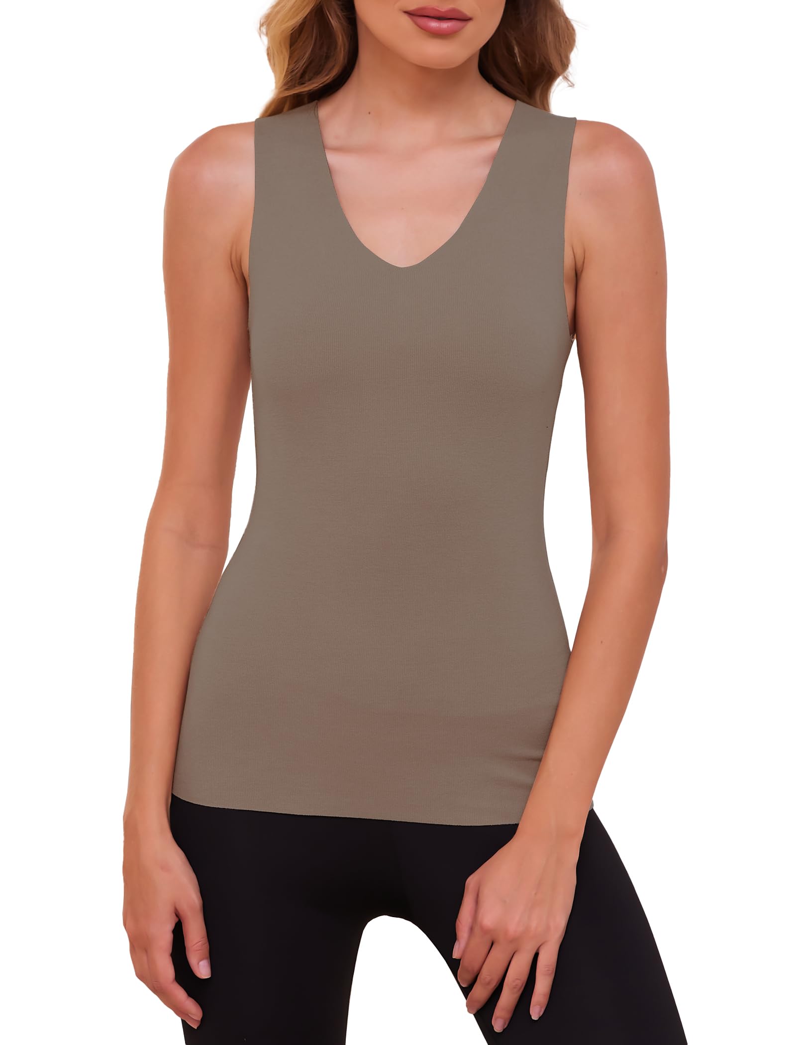 YYA V Neck Basic Tank Tops for Women Thermal Vest Winter Warm Tank-Top Sleeveless Undershirts, Coffee L