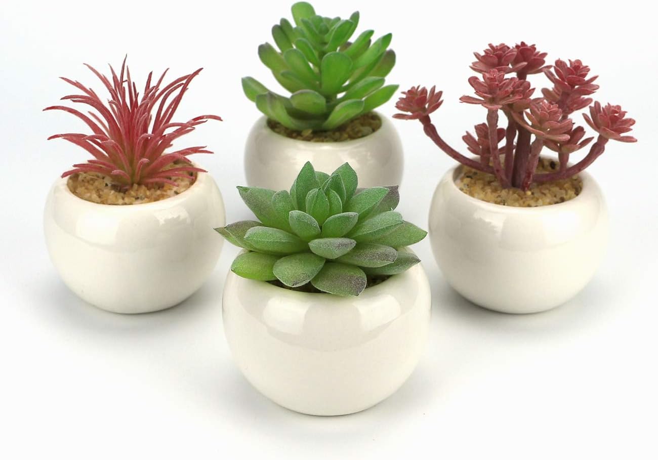 GemEwell Artificial Succulent Plants 4 Kinds Mini Fake Cactus Succulent Potted Plant in White Round-Shaped Ceramic Pot Ideal for Home & Office Decoration (Succulents C (Green & Pink))