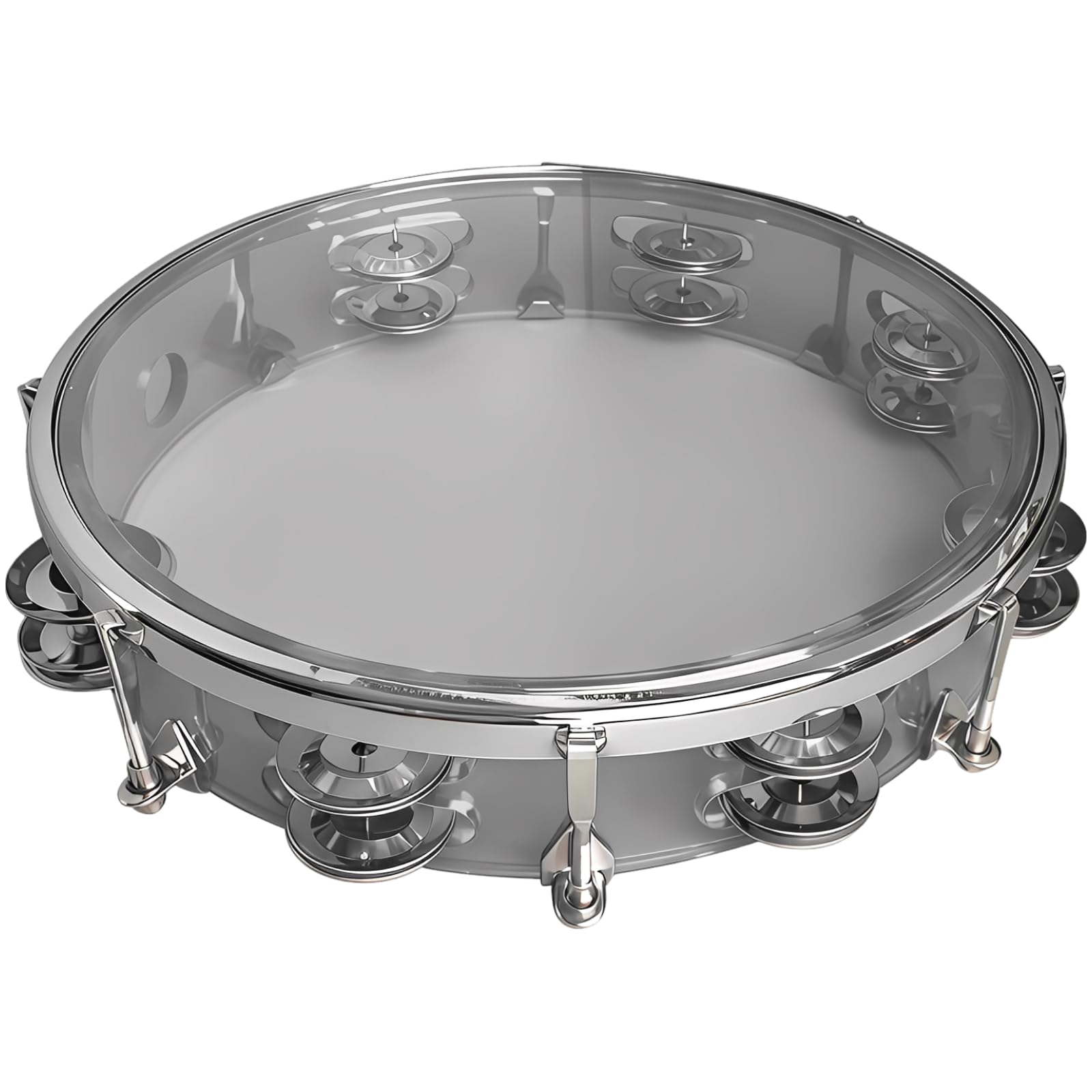 Tamburin mit doppelter Reihe, 10 Zoll / 25 cm, verstellbar, transparentes Percussion-Instrument mit Metallrahmen, leichtes Handtamburin für junge Musiker und Auftritte, Silber