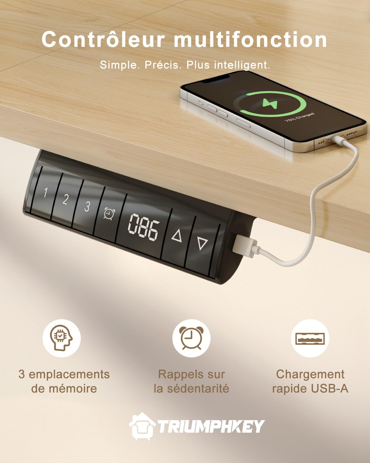 TRIUMPHKEY Bureau Réglable en Hauteur 160x80 cm, avec Rappel de Sédentarité et 3 Mémoires, Port USB-A, Système Anti-Collision, Bureau de Télétravail, Beige