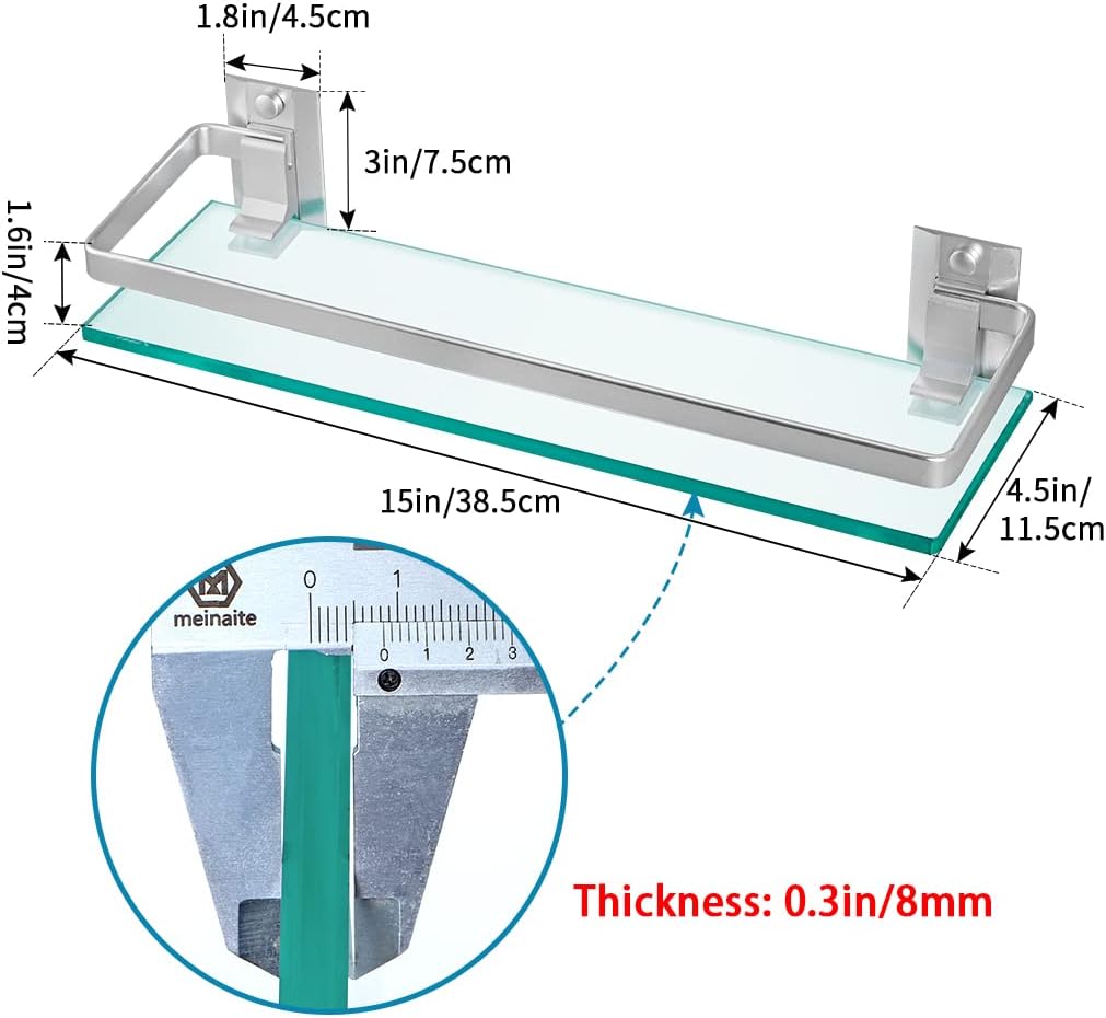 Tempered Glass Bathroom Shelf with Rail, 15" x 4.5" Rectangular Shower Caddy, Wall Mount Floating Shampoo Holder for Lavatory, Kitchen, Living Room