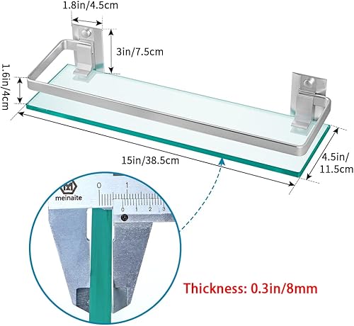 Miniatura 3 de Paquete de 2 estantes de baño de vidrio templado con riel, organizador de ducha rectangular de 15 x 4.5 pulgadas, soporte flotante montado en la