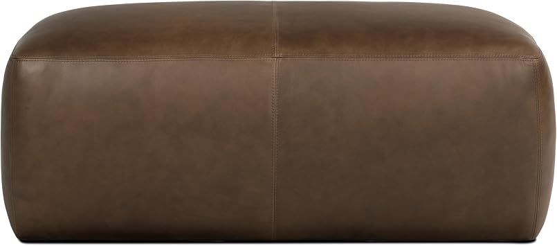 Poly & BARK Denver Ottoman 43 Large Pouf with Feather-Down Topper Full-Grain Leather Upholstered Pouf Ottoman for Living Room Vintage Italian Leather in Cocoa Brown