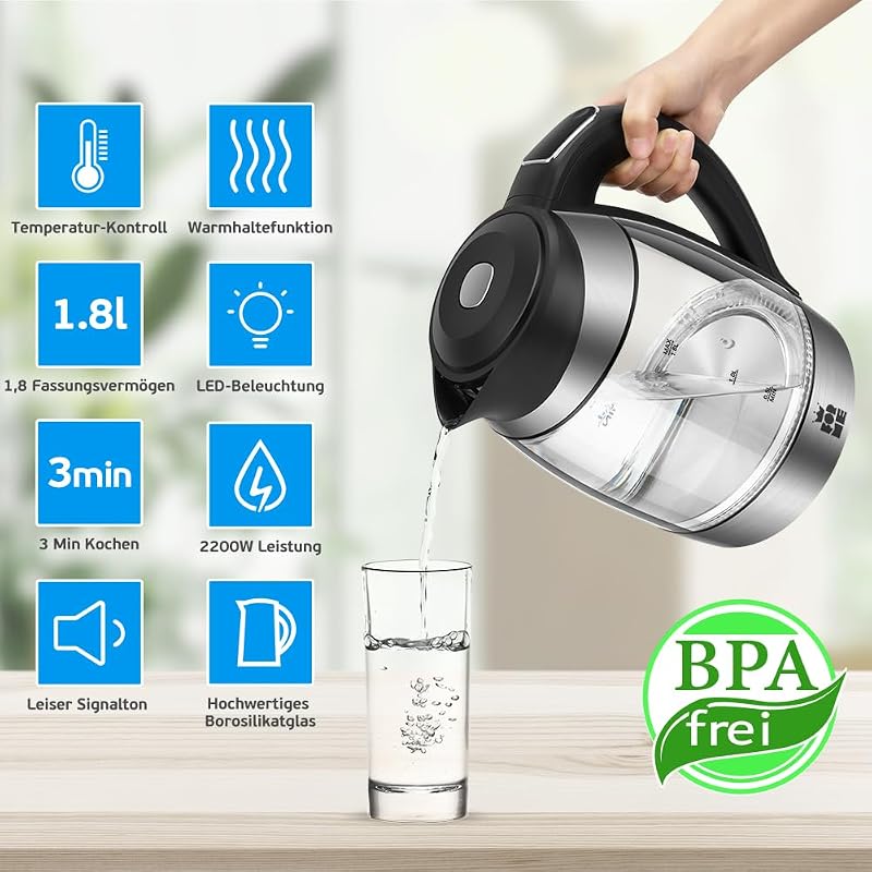 FOR ME 1,8L Üveg Elektromos Vízforraló Hőmérséklet Szabályozással 40-100°C, 7 Színű LED Világítással, Melegen Tartó Funkcióval, BPA-mentes