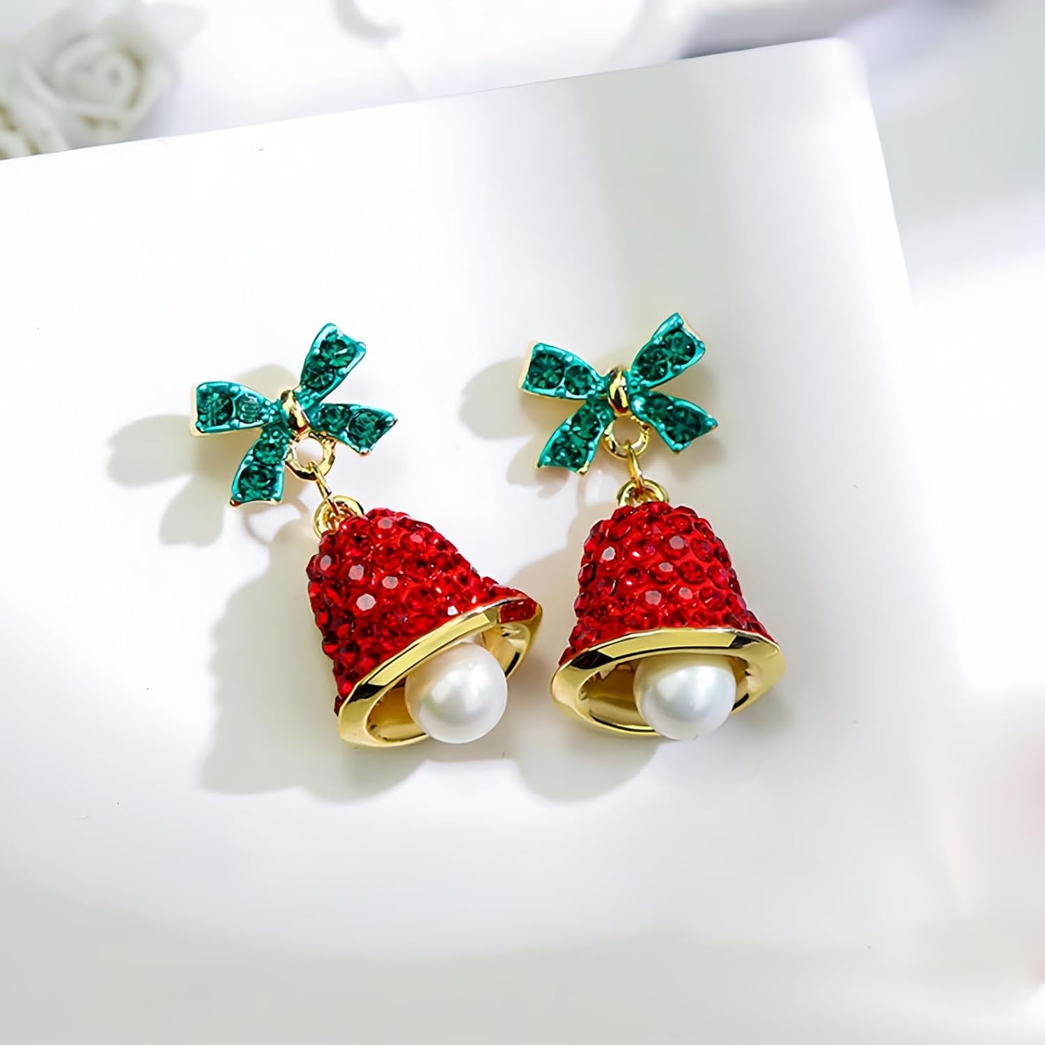 Rhinestone Red Bells Christmas Dangle Earrings for Women Fashion Green Bow Pearls Xmas Statement Drop Dangling Hypoallergenic Christmas Holiday Party Decoration Jewellery Gifts - Image 3