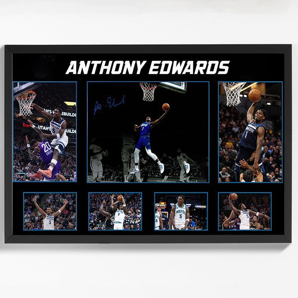 Black Framed Basketball Superstar Anthony Edwards Signed Poster For Kids Fans Room Bedroom Wall Decor-Canvas Art Print Pictures For Teen Boy Birthday Gifts 12L" x 8W" Edwards