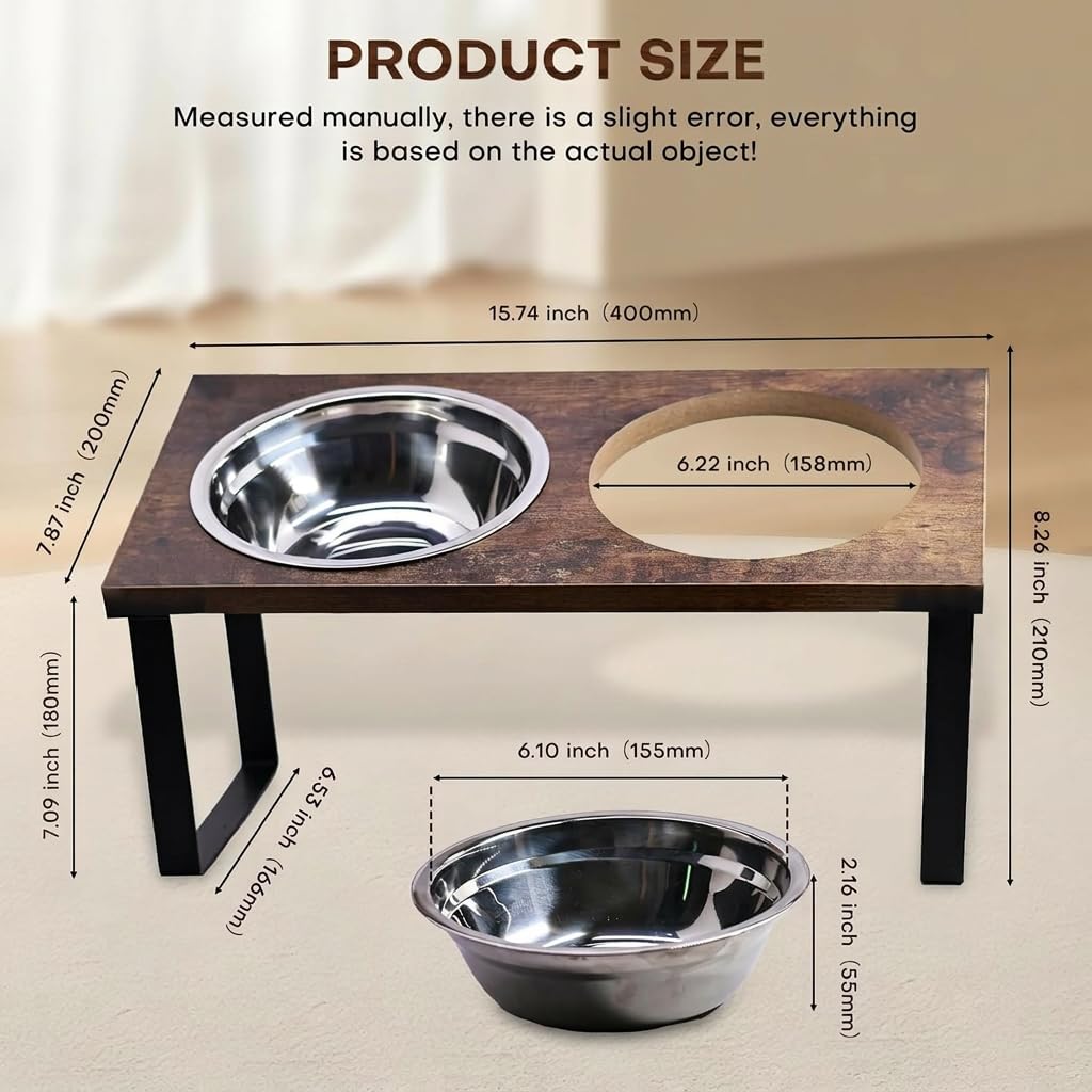 Soporte elevado para cuencos para perros medianos y grandes, comedero elevado de MDF con 2 cuencos de acero inoxidable, juego de platos inclinados para comida y agua para perros, estación de