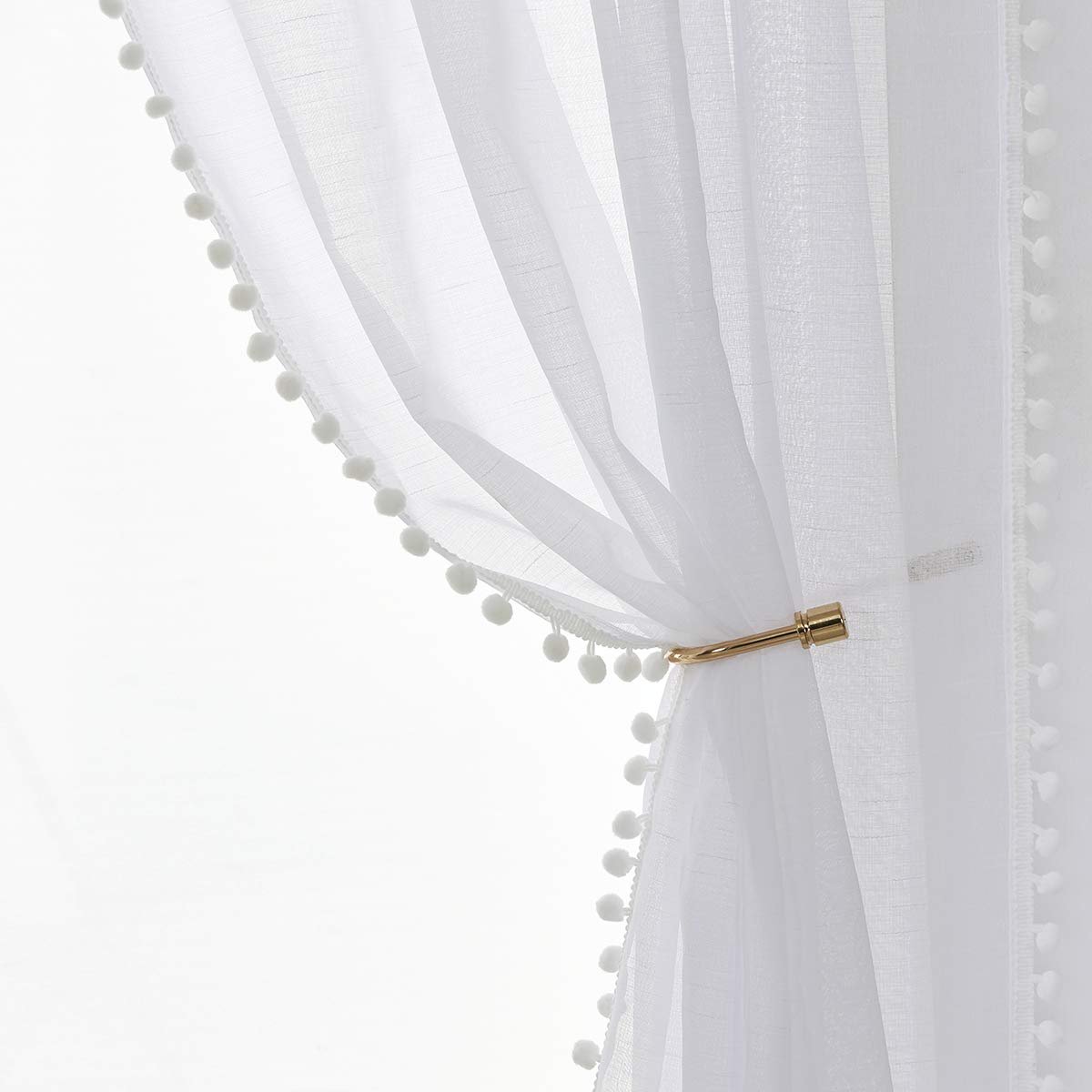Treatmentx Cortinas Salón Modernas 2 Piezas, Cortinas Dormitorio de Lino Translúcidas con Pompones, Filtran Luz Solar Suavemente, 140x260 cm, Blanco
