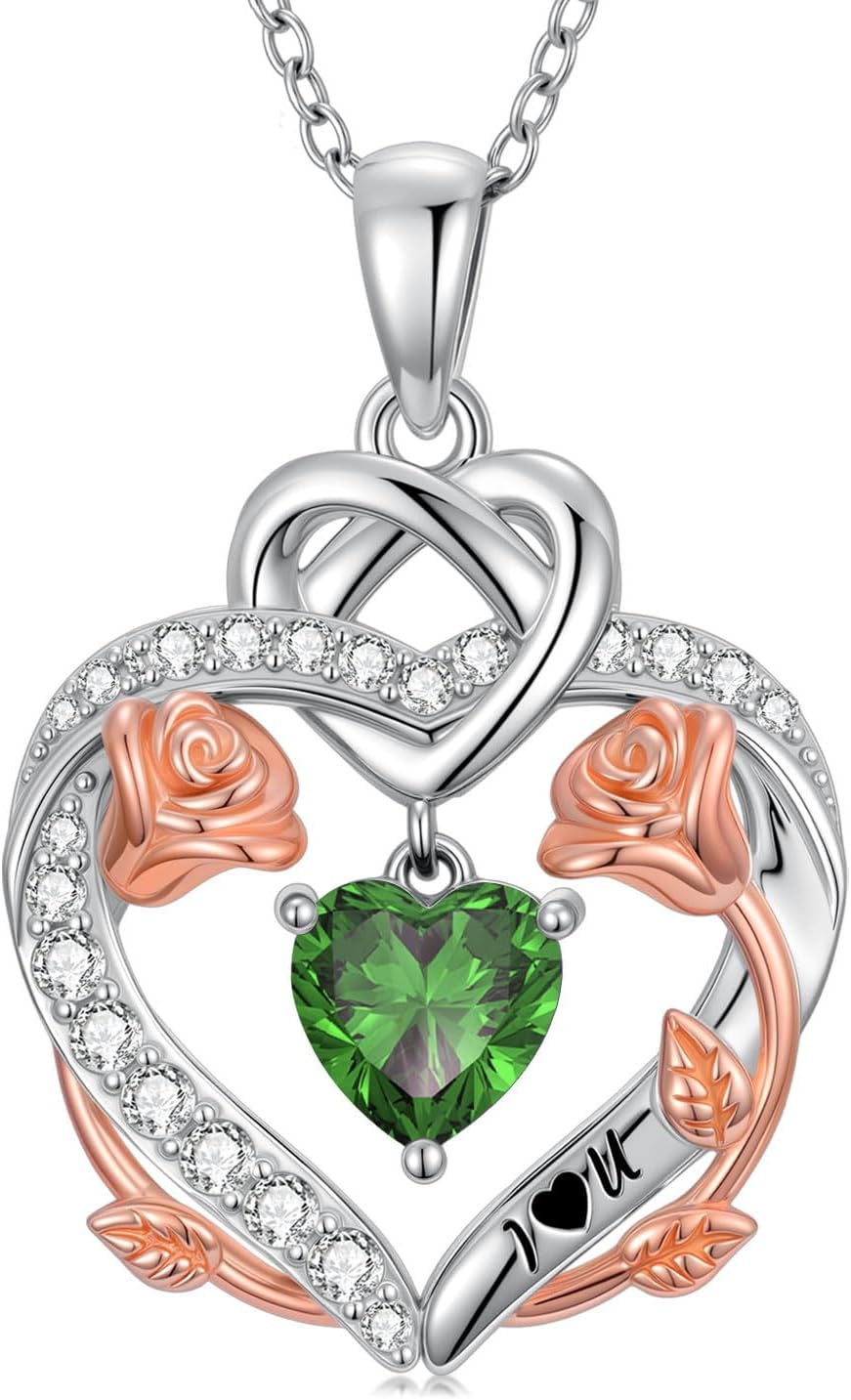Rose Heart Birthstone Necklace for Women Mom,925 Sterling Silver Birthstone Pendant Necklace Rose Flower Heart Necklace Anniversary Birthday Gifts for Her Wife