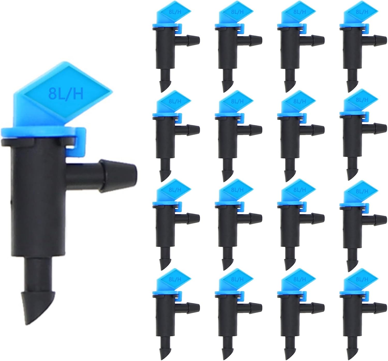 100 Pack 2 GPH Flag Irrigation Dripper Emitter 8L/H Garden Drip Emitters Connect 4mm/7mm Hose for Home Garden Trees Herbs (Blue)