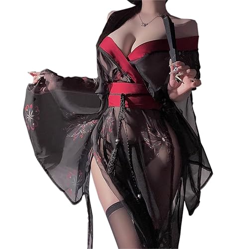 SENJIY sexy kimono lingerie for women costume cosplay robe Perspective Cute open front Deep V-Neck Floral Pattern short dress japanese Yukata Anime Side Slit suit Sleepwear Pajamas outfit set black