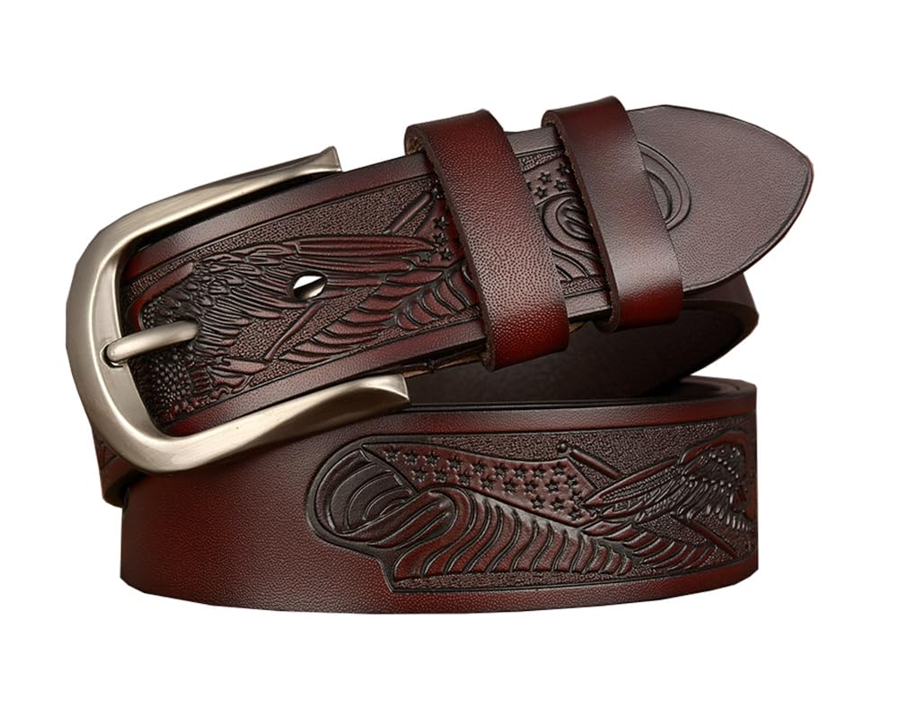 Western Eagle Print Black Coffee Orange Pin Buckle Jeans Causal Pants Men Leather Belt(Coffee,for36-37" waist size)