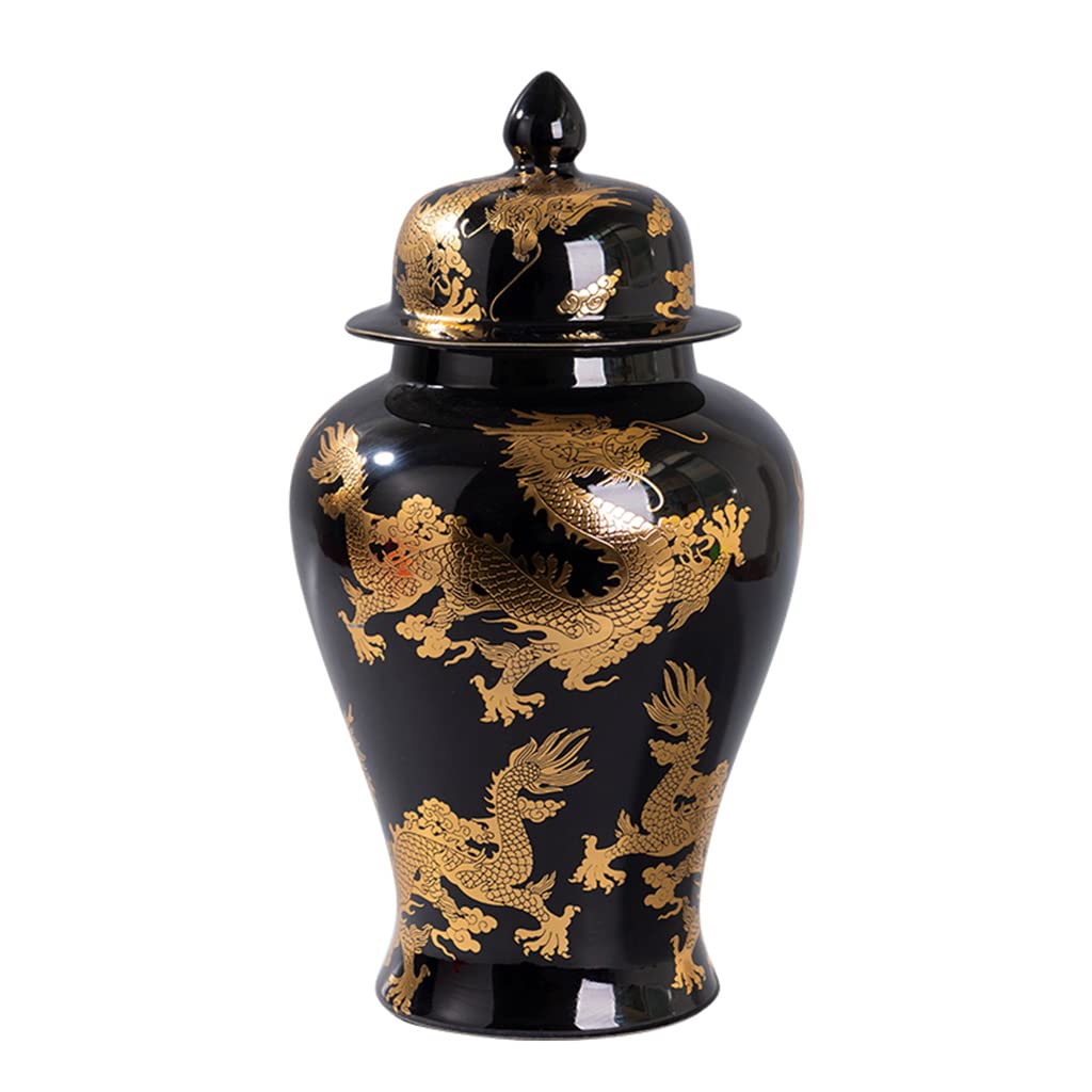 ZHOUXIAO Chinesische Tradition Ingwerglas-Vasen mit Deckel und goldenem Drachenmuster, Porzellanglas, große Keramik-Tempelglas-Vase, Handwerk mit Deckel, dekorativ für Heimdekoration, Schwarz, M