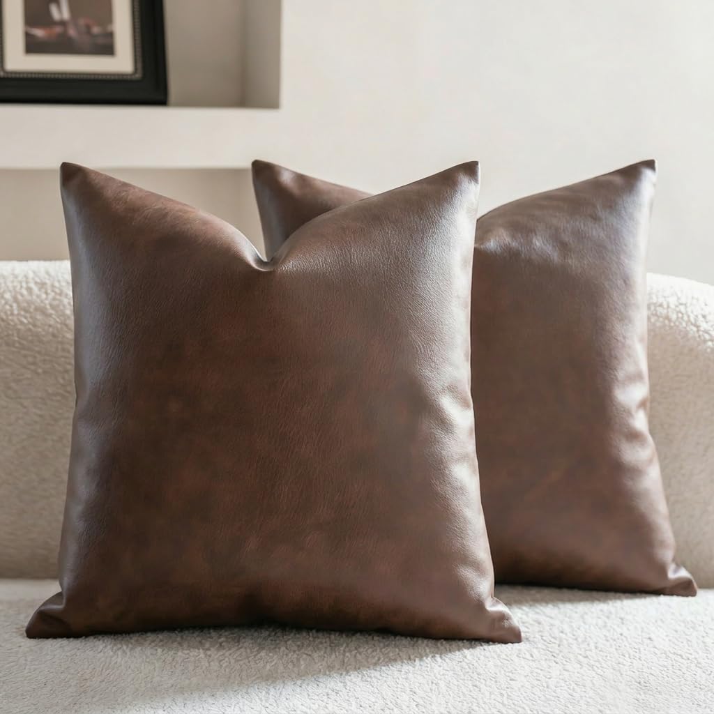 Neelvin Faux Leather Decorative Throw Pillow Covers Modern Solid 16x16 inch Set of 2 Pillowcase Cushion Case for Bed Sofa Couch Darkbrown（No Edging）