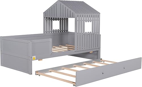 Miniatura 7 de ODC Cama tipo loft con nido tamaño individual marco de cama para niños techo y ventana plataforma de madera maciza con cama nido para niños