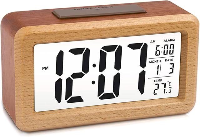 BOKIE Wooden Digital Clock for Bedside Kitchen Kids Desk Bedrooms Gift, with LED, Snooze, Date, Temperature, 13.8x7.7cm, by 3 AAA Battery