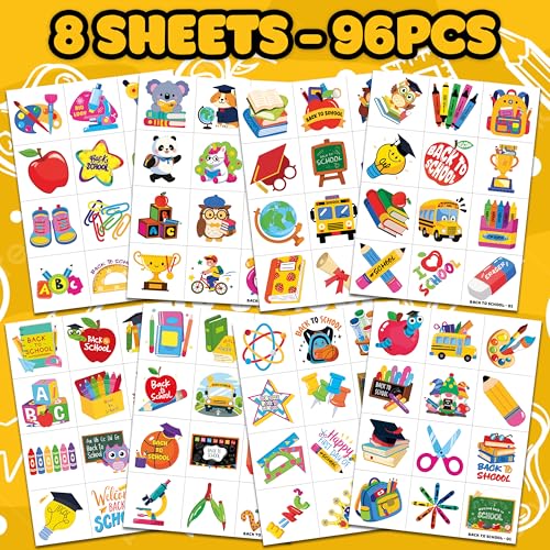 Image of 96 PCS Back to School Pre-Cut Temporary Tattoos for Kids | | Cute Themed Birthday Party Favors, Supplies, Decorations, Fake Tattoo Stickers, School Prizes & Gifts Boys & Girls & Students