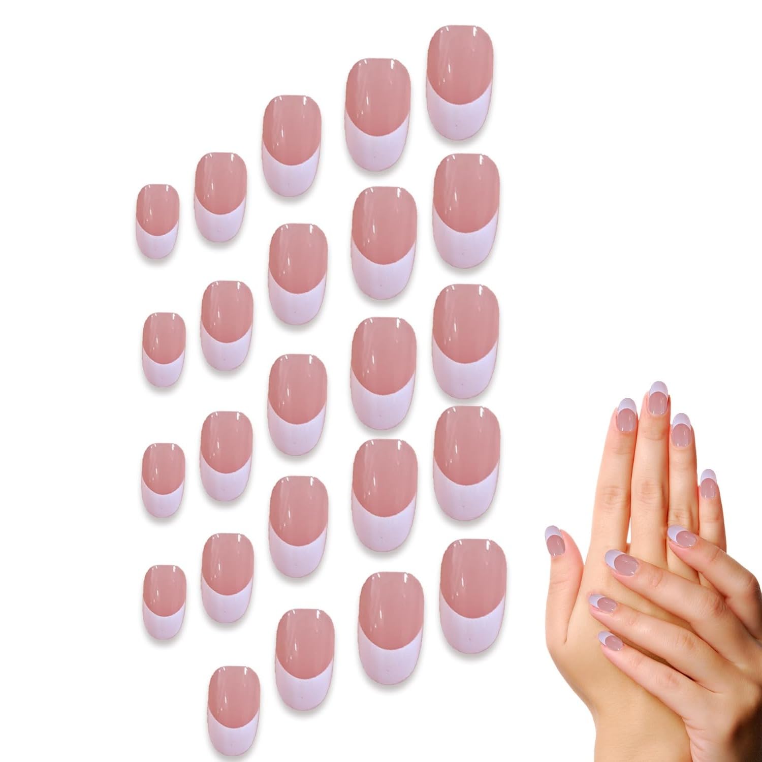 TEMPERIA Press On Fake Nails For Women & Girls - French Acrylic Reusable Aesthetic - Stick On Artificial False Nails Extension - (24 pcs) (Pink & White)-image-33