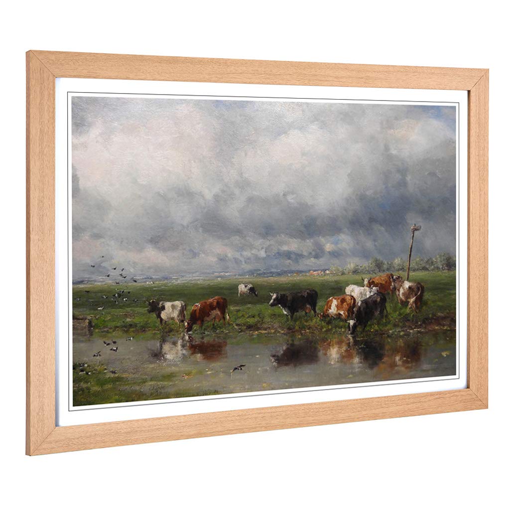 Big Box Art Framed Print of Willem Roelofs Cows Design | Wall Art Picture | Home Decor for Kitchen, Living, Dining Room, Lounge, Bedroom, Hallway, Office, Oak, A2 / 24.5x18 Inch / 62x45cm