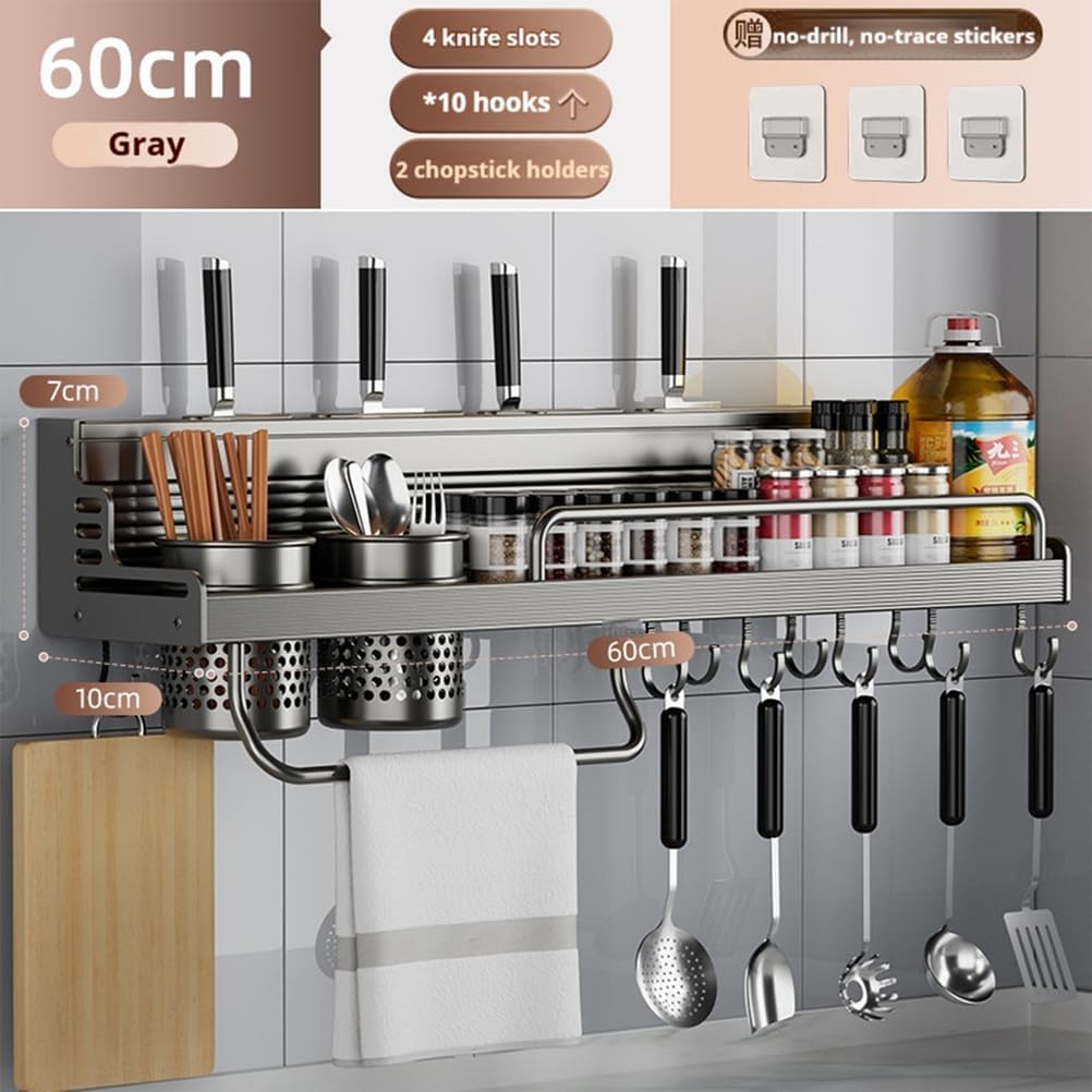 Dxcaicc Carbon Steel Kitchen Wall Mount Organizer Rack, Multi-Functional No Drilling Storage Shelf with Knife Holder, Chopsticks Tube, Hooks for Utensils,60cm/ 24inch
