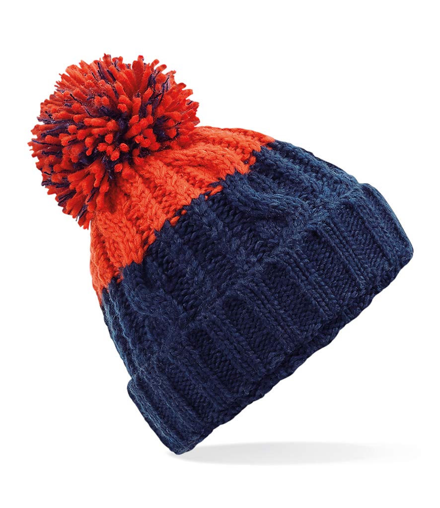 Asvp Shop Unisex Oxford Navy/Fire Red Corkscrew Cable Knitted Bobble Hat Plain Mens Womens Beanie Warm Winter Pom Wooly Cap ()