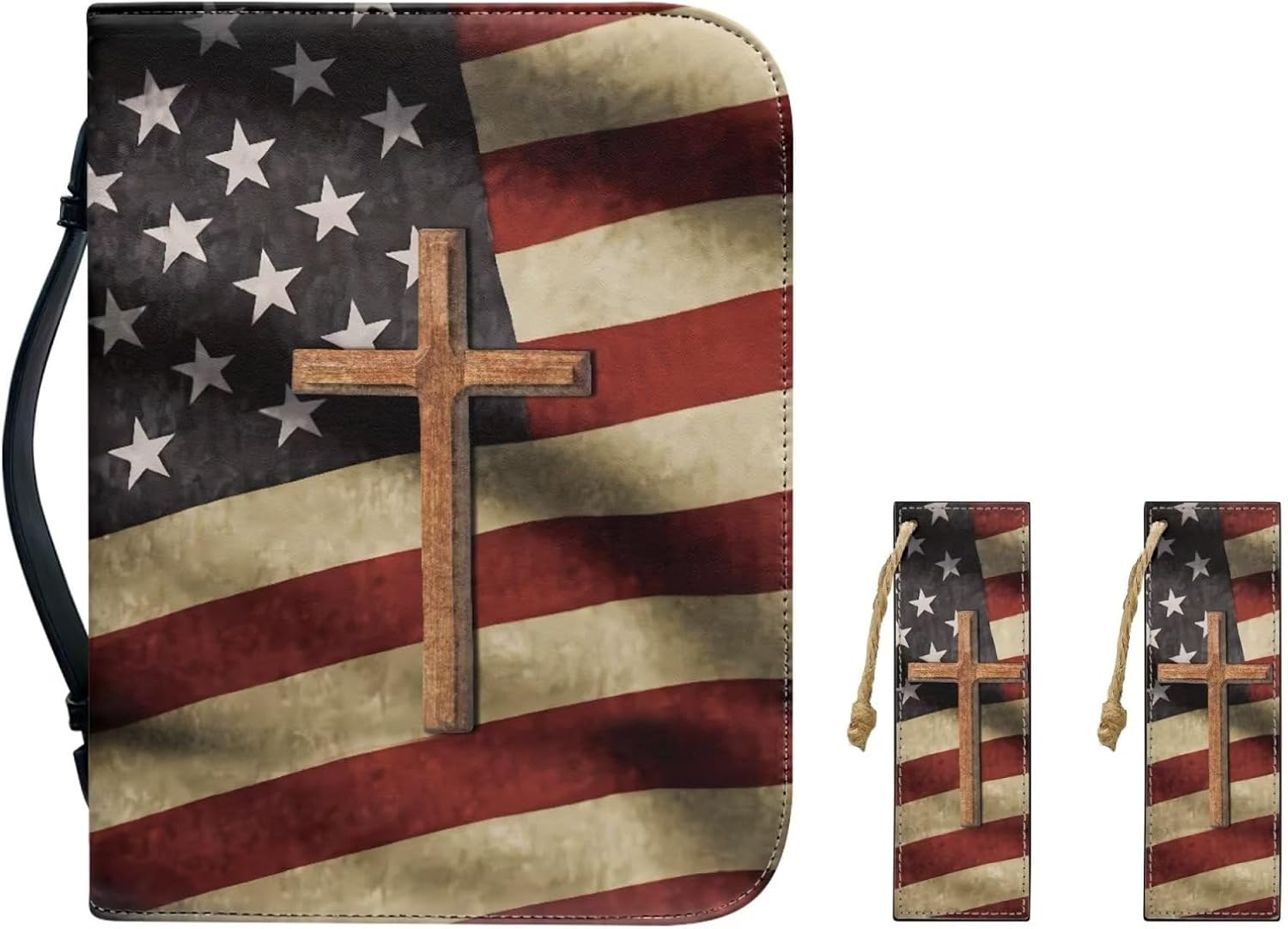 Casual Book Cover with Bookmark Unisex Church Books Carrier Zippered Pack Lightweight Cross Bible Cover Book Carrying Pack for Study Prayer, Vintage American Flag Cross Print, 2XL