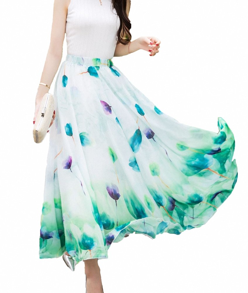 Sinono Women's Floral Maxi Chiffon Long Skirts Full Length Beach Skirt - Green - X-Large