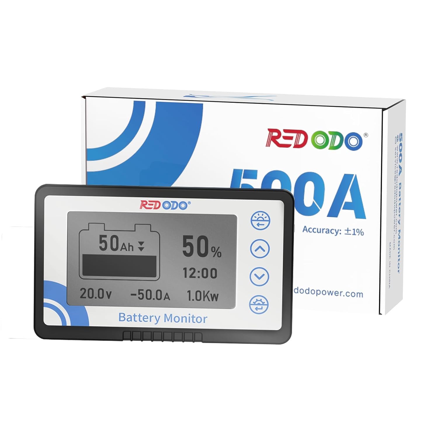 Redodo 500A Batteria Monitor con Shunt, Misuratore di Tensione della Batteria con Intervallo 8V~120V, Cavo Schermato da 20 Piedi, Compatibile con Batterie al Gel, al Piombo e LiFePO4