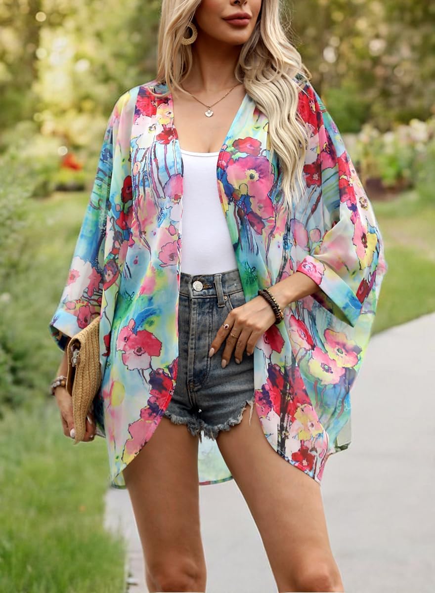 olrain Women's Floral Print Sheer Chiffon 3/4 Bat Sleeve Casual Loose Kimono Cardigan Capes - Image 7