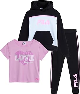 Fila Girls Active Sweatsuit Set - 3 Piece Performance Fleece Hoodie Sweatshirt, Jogger Sweatpants, Tee - Activewear Set, 7-12, Size 78, Black