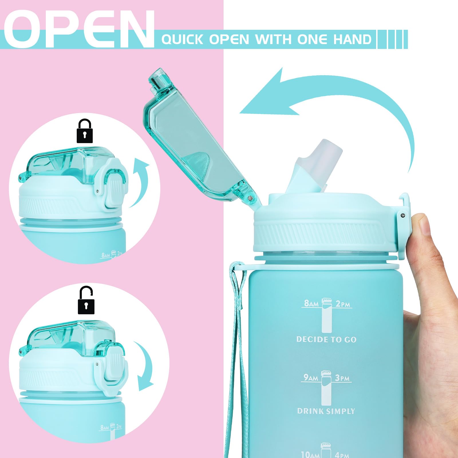 CodiCile Borraccia sportiva da 1 l, con cannuccia e tacche orarie, verde e rosa