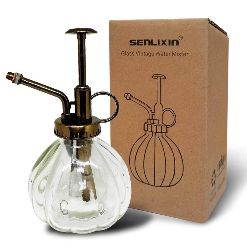 SENLIXIN Plant Mister Flower Water Spray Bottle Can Pot | Vintage Pumpkin Style Decorative Glass Plant Atomizer Watering Can Pot with Top Pump for Indoor Potted Plants Terrariums Flowers (Clear)