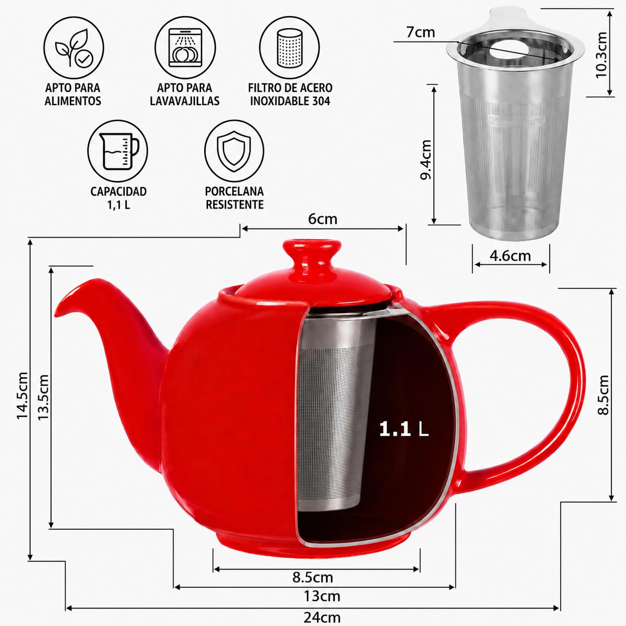URBAN LIFESTYLE Tetera de porcelana con infusor de acero inoxidable, 1,1 L (5 tazas), tetera sin goteo para té a granel y bolsitas, modelo Swansea verde mar (Rojo)