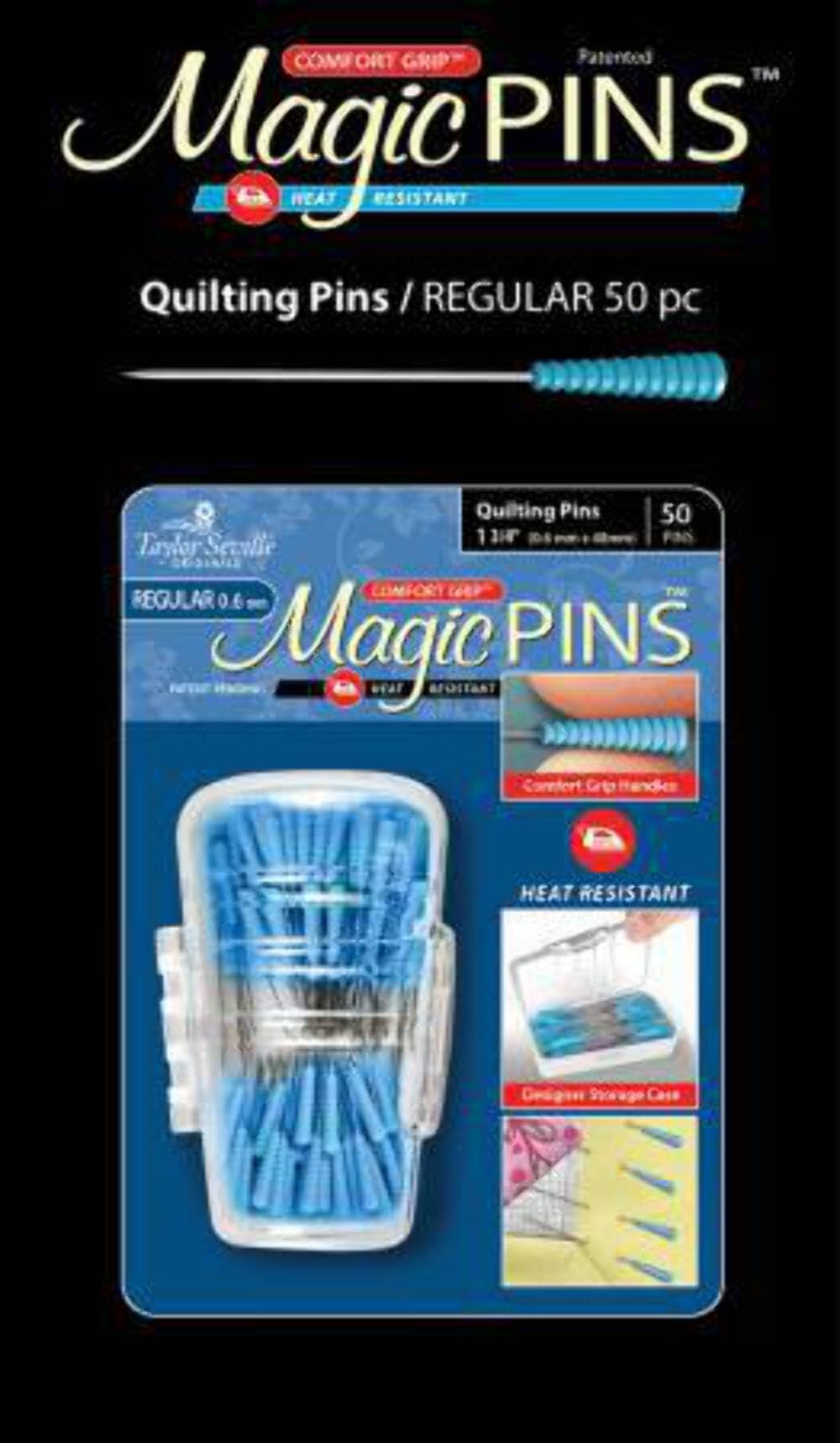 Taylor Seville Originals - Taylor Seville Originals Comfort Grip Heat Resistant Regular (0.6 x 48mm) Quilting Magic Pins - 50 Pieces, Blue