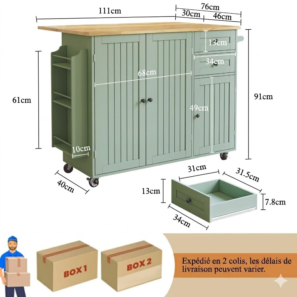 HOLTICO Îlot Central de Cuisine Mobile avec Plan de Travail Pliable, Desserte de Cuisine à roulettes avec Rangement à Épices, 2 Tiroirs et Étagères Réglables, Meuble de Cuisine, 128x46x91 cm, Vert