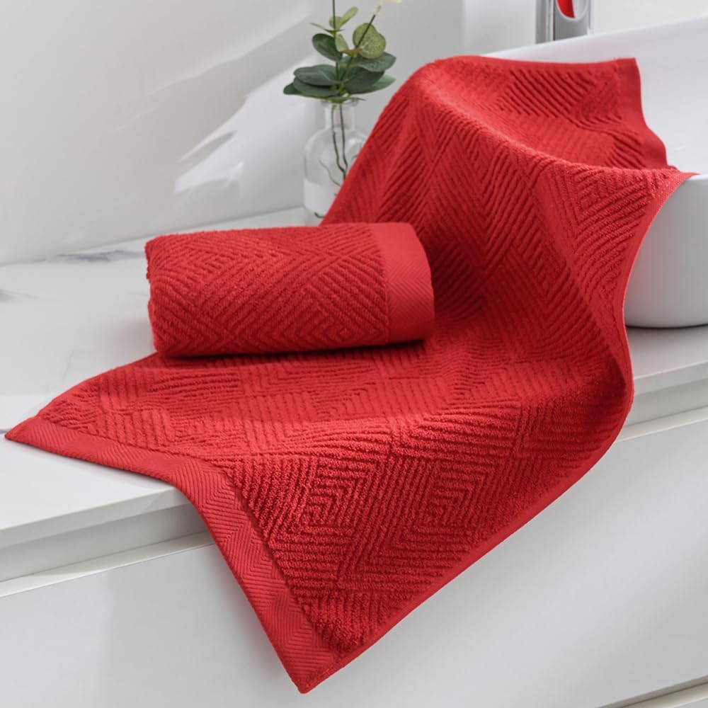 sense gnosis Red Hand Towel Set of 2 Premium 100% Cotton Herringbone Striped Weave Ultra Soft Highly Absorbent Hand Towel for Bathroom 13 X 29 Inch - Image 3