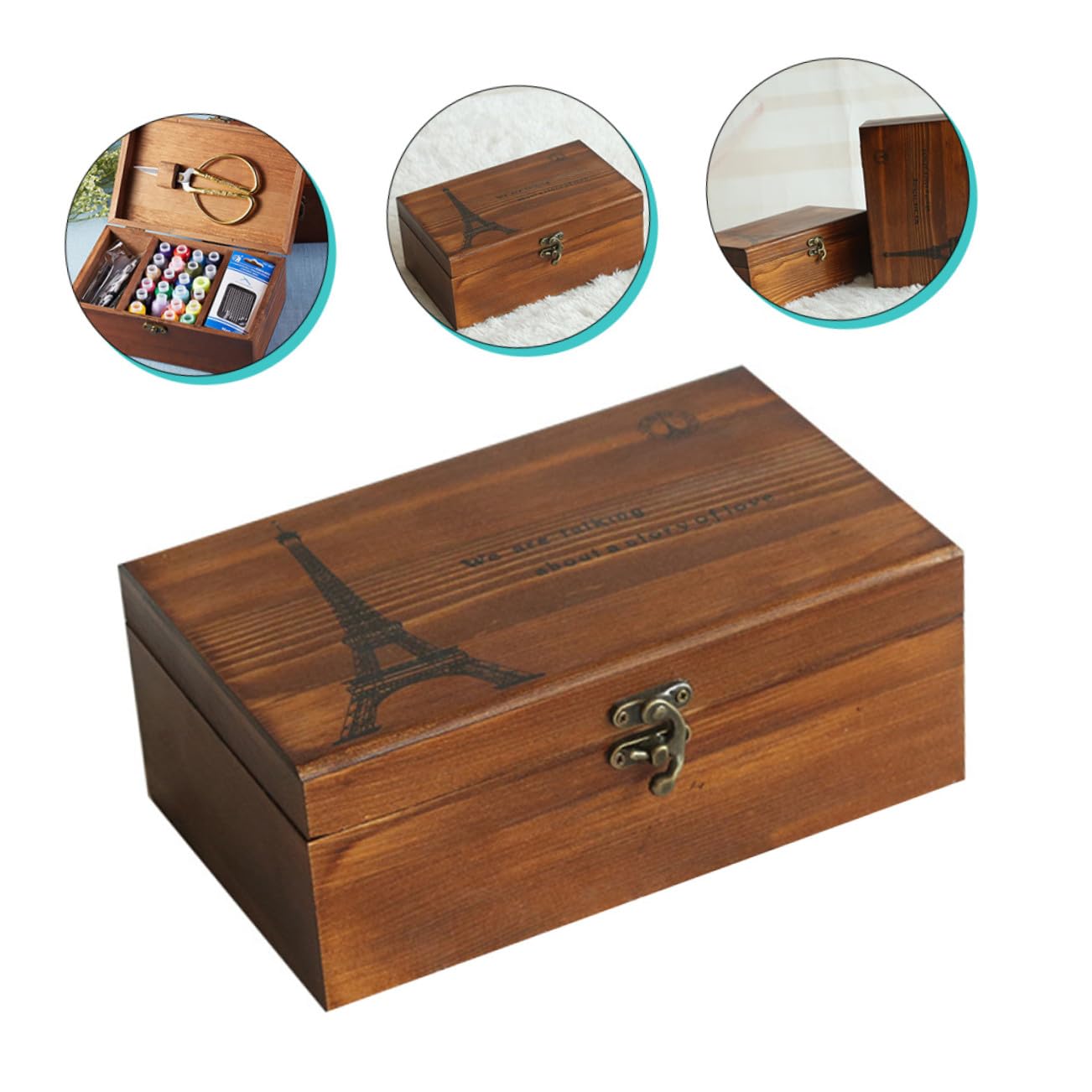Caja de Agujas E Hilos de Madera Marrón Retro para Costura