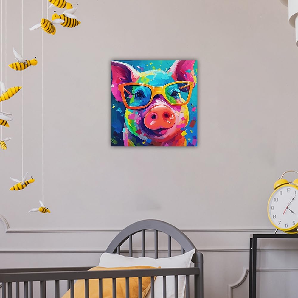 LURENCZH Pig Canvas Wall Art Pig with Glasses Picture Prints Colorful Animal Paintings for Bedroom Kid Room Decor Framed(Animal-2,12.00" x 12.00")