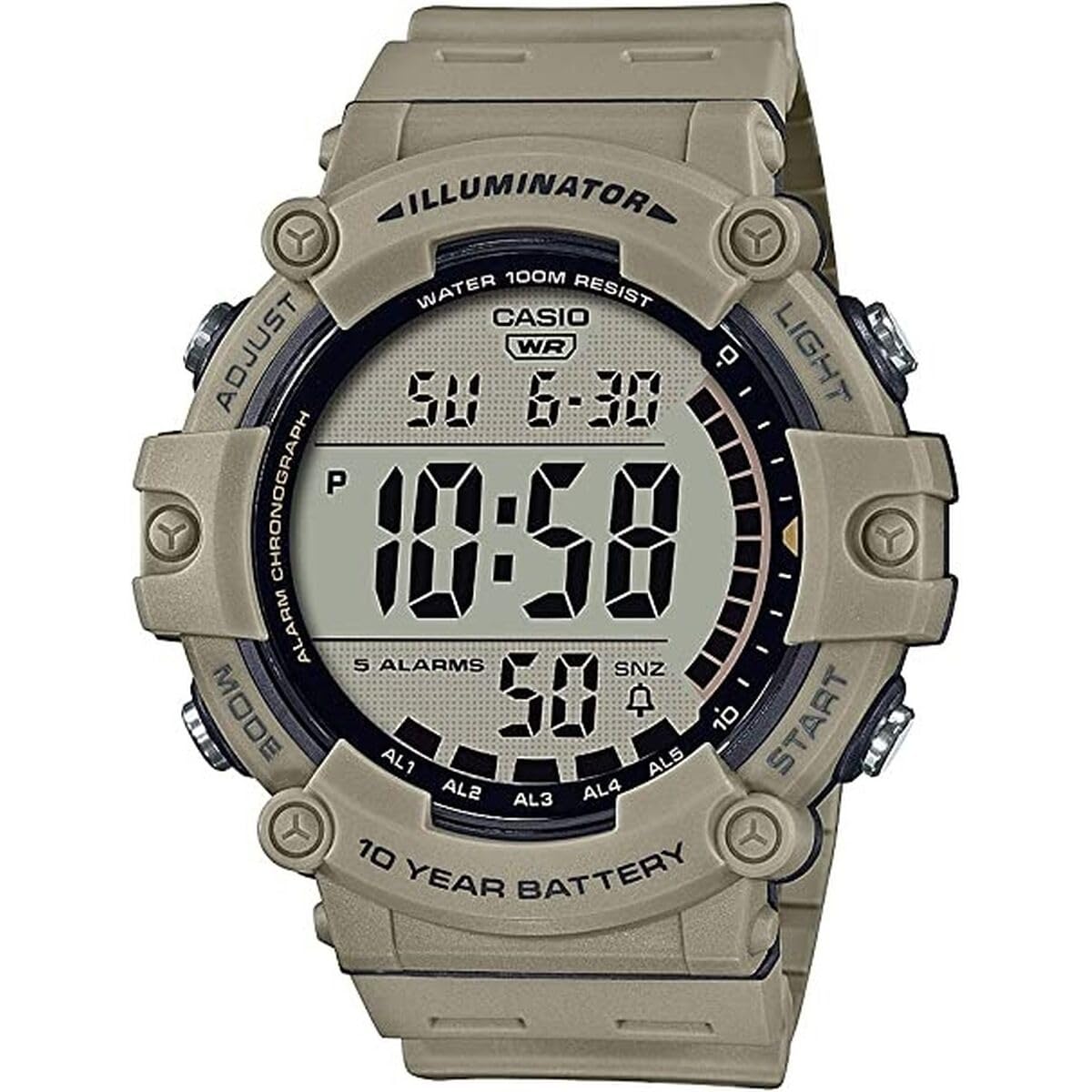 Illuminator AE1500WH Series | 10-Year Battery | LED Backlight | 5-Alarms | 1/100 Sec Stopwatch | Men's Digital Watch