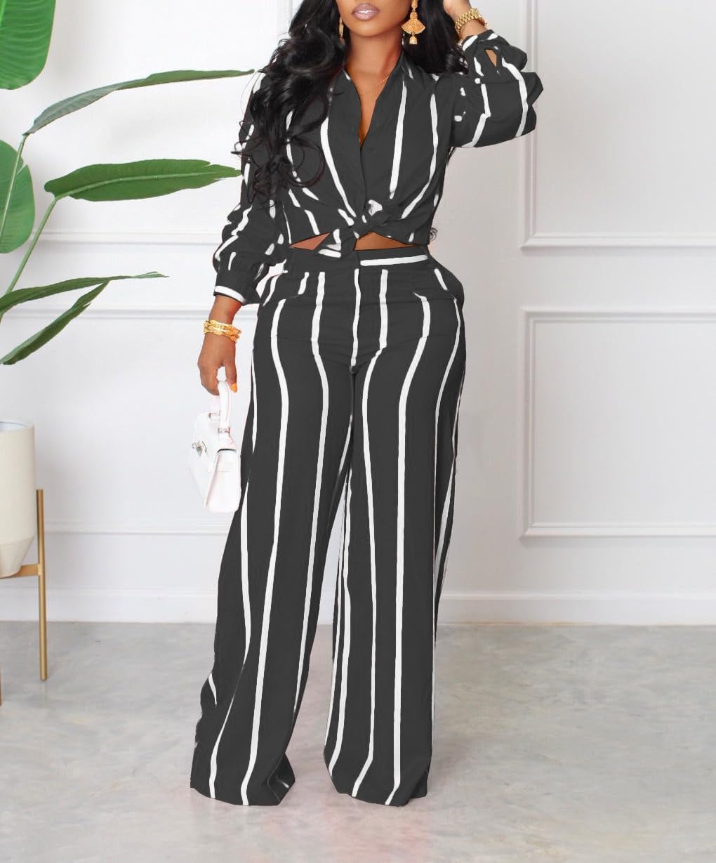 Womens Striped 2 Piece Outfits Sets Casual Long Sleeve Button Down Shirt and Wide Leg Pants with Pockets - Image 3