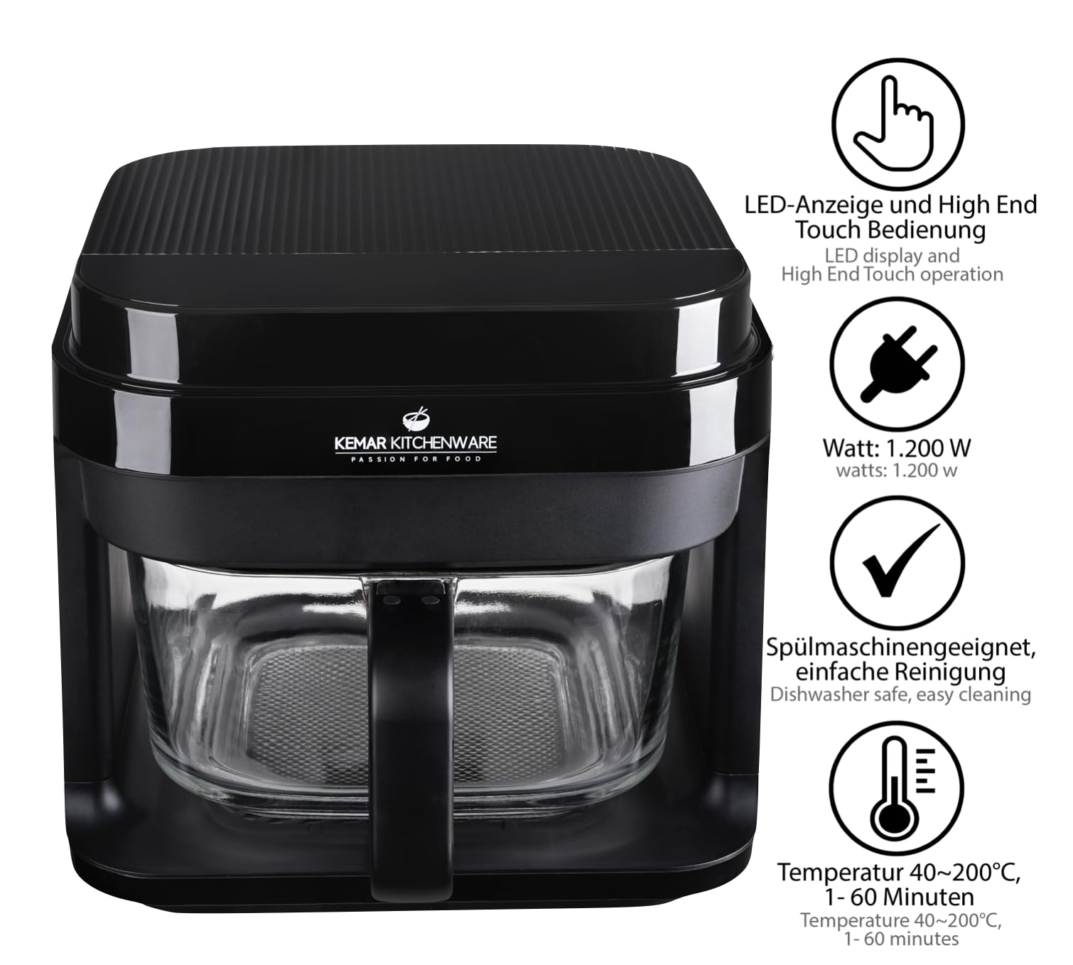 KHF-550 Heißluftfritteuse, 5,5 Liter,1.200W, Touchdisplay,Frittierkorb aus Glas ohne Beschichtung, Fritteuse mit Zange und Silikonuntersetzer (KHF-550 Standardausführung)