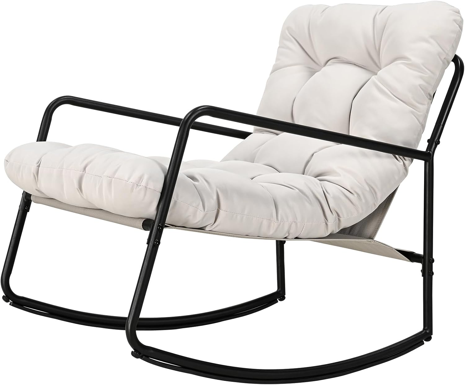 Outdoor Rocking Chair, Metal Patio Rocking Chair, Indoor Rocking Chair with Cushion, Papasan Rocking Lounge Chair, Comfy Modern Rocker Chair for Porch, Living Room, Garden, Backyard, Off-White