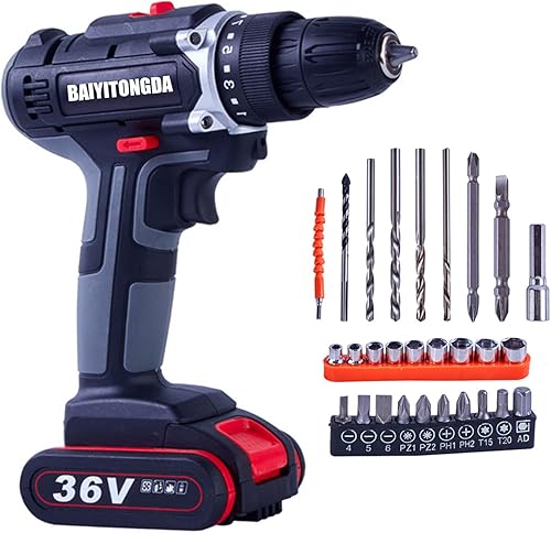 36VF - Mini taladro inalámbrico, taladro de impacto inalámbrico, juego de destornilladores eléctricos, 2 velocidades variables, 25+1 ajustes de par