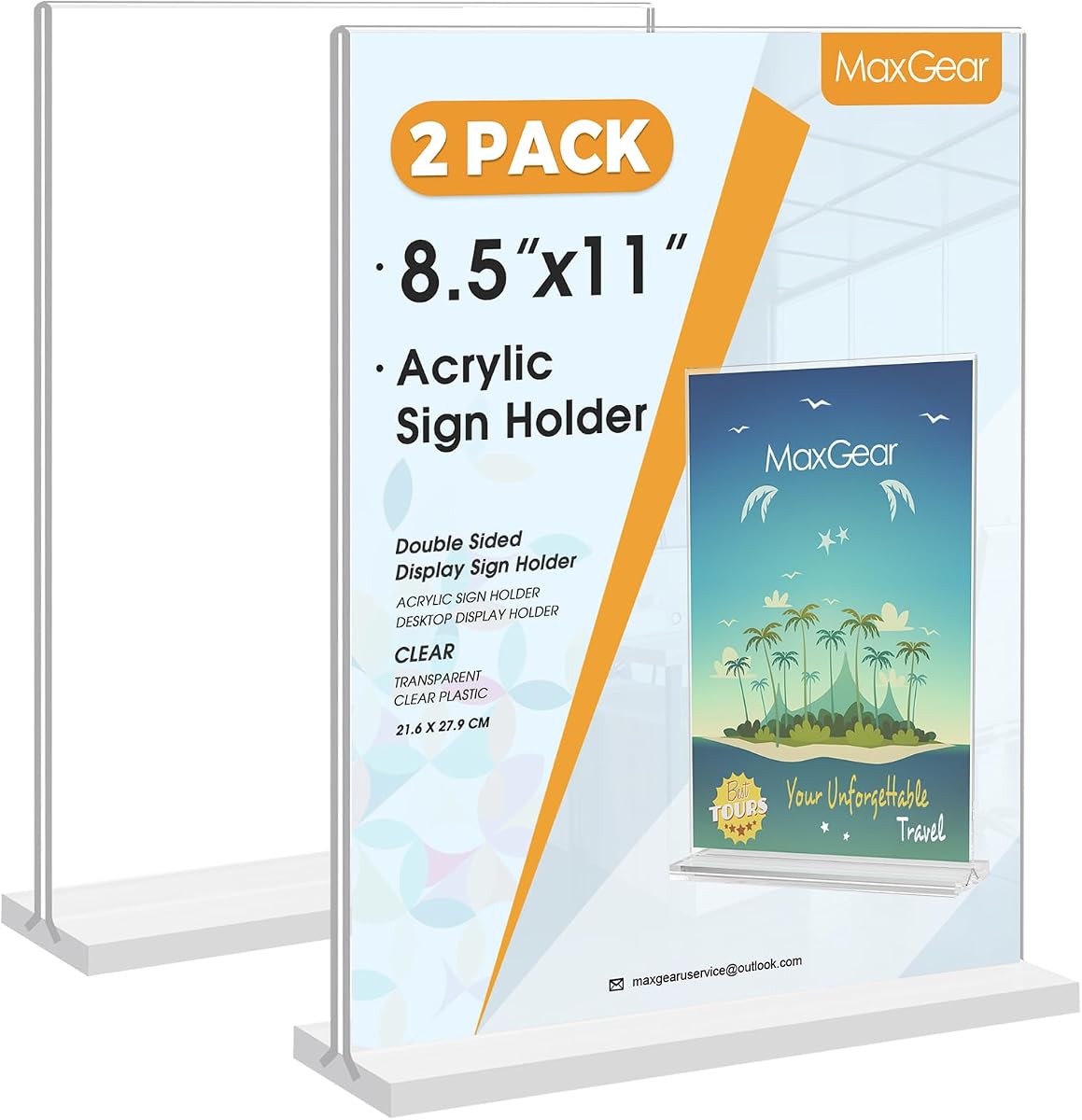 MaxGear Acrylic Sign Holder 8.5" x 11" Double Sided Display Stand, 2 Pack | Clear Acrylic, Double-Sided Display, Stable Tabletop Stand, Quick Paper Replacement, Fits Menus, Signs, Notices, Photos