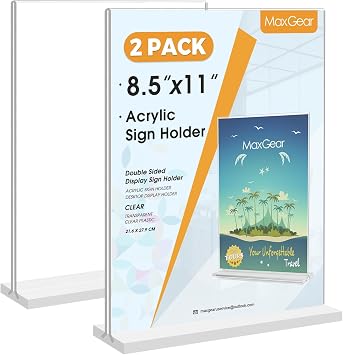 MaxGear Acrylic Sign Holder 8.5" x 11" Double Sided Display Stand, 2 Pack | Clear Acrylic, Double-Sided Display, Stable Tabletop Stand, Quick Paper Replacement, Fits Menus, Signs, Notices, Photos